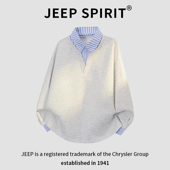 JEEPSPIRIT吉普高级感翻领卫衣男生秋季新款拼接假两件潮流上衣服