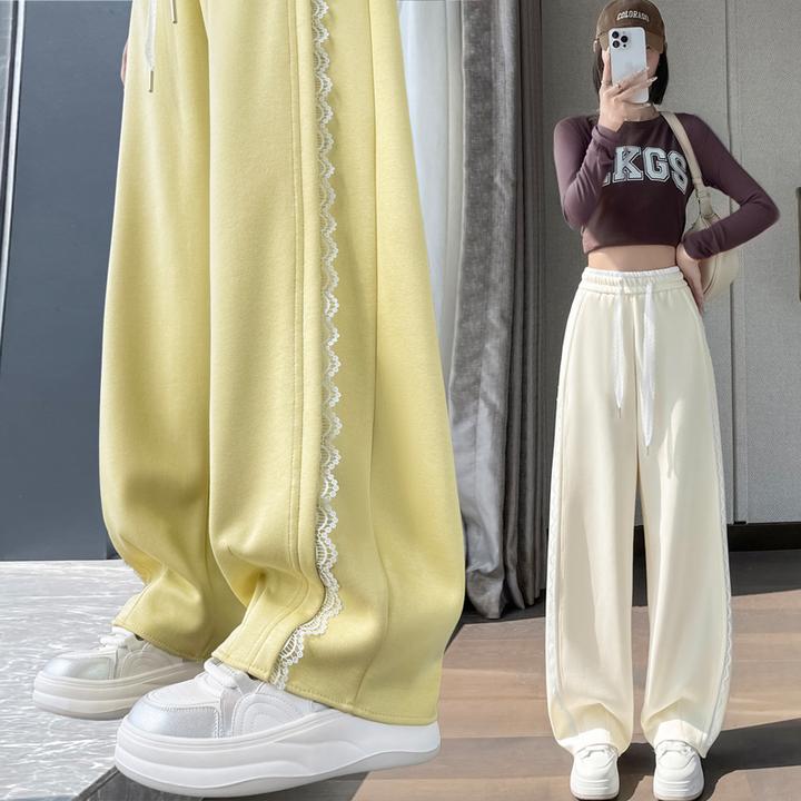 高腰阔腿休闲裤女秋季弯刀裤香蕉裤卫裤窄版直筒蕾丝拖地裤女9925