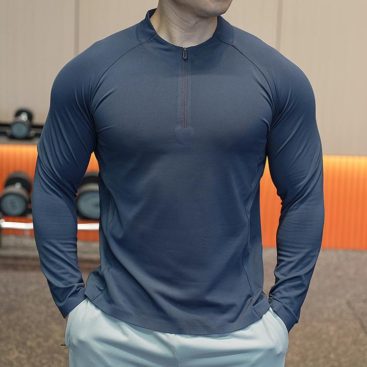 秋冬男健身衣运动风长袖半拉链健身衣速干吸汗跑步训练服修身显壮