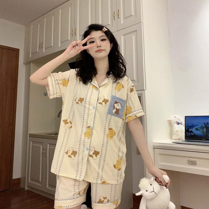 夏日软萌奶茶小狗睡衣夏季女款开衫短袖套装休闲大码家居服可外穿