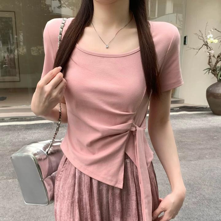 绑带正肩棉短袖t恤女2025不规则设计高级感百搭显瘦短款上衣潮