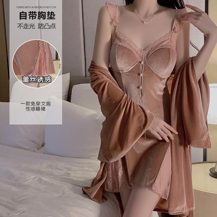 絮喃【纳斯】甜美顺滑丝绒内衣性感大码深V加胸垫睡裙外袍家居套装