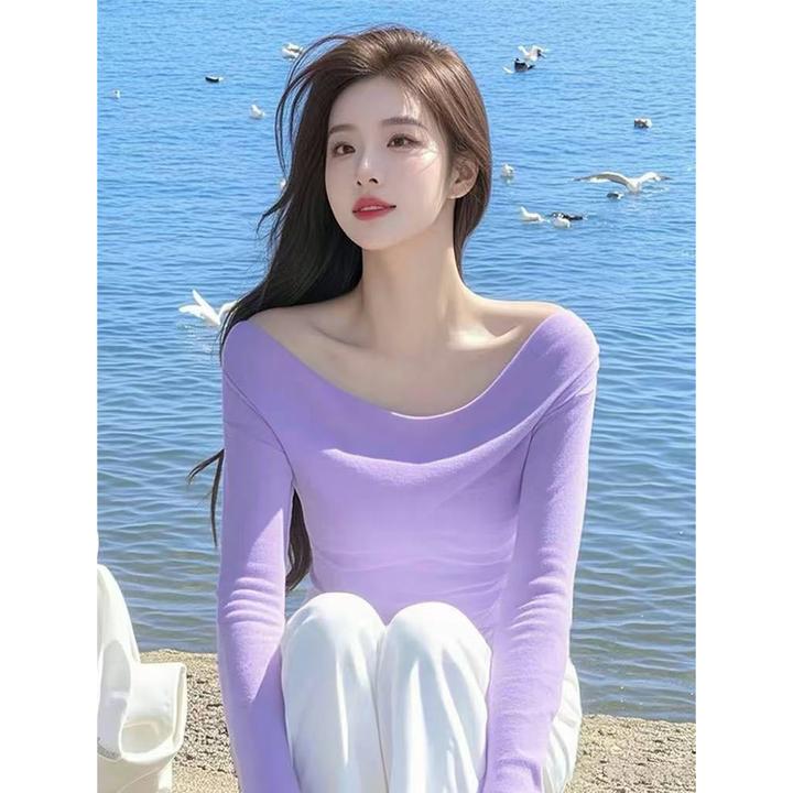 2025年流行打底衫紫色一字肩小众设计感荡领小香风独特绝美小上衣