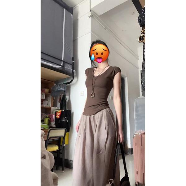 辣妹v领坎肩短袖t恤女夏季新款弹力紧身收腰显瘦短款上衣裤子套装