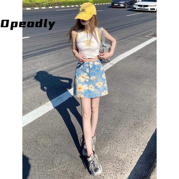 Opeodly印花牛仔半身裙2025夏季新款小雏菊小个子百搭a字包臀短裙