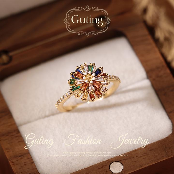 铜合金合成锆石戒指 2032彩色花朵开口戒指女轻奢可旋转食指环