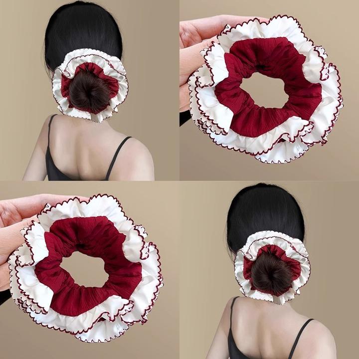 红啦发梢！复古红褶皱大肠发圈撞色荷叶边发绳法式高级感新款发饰