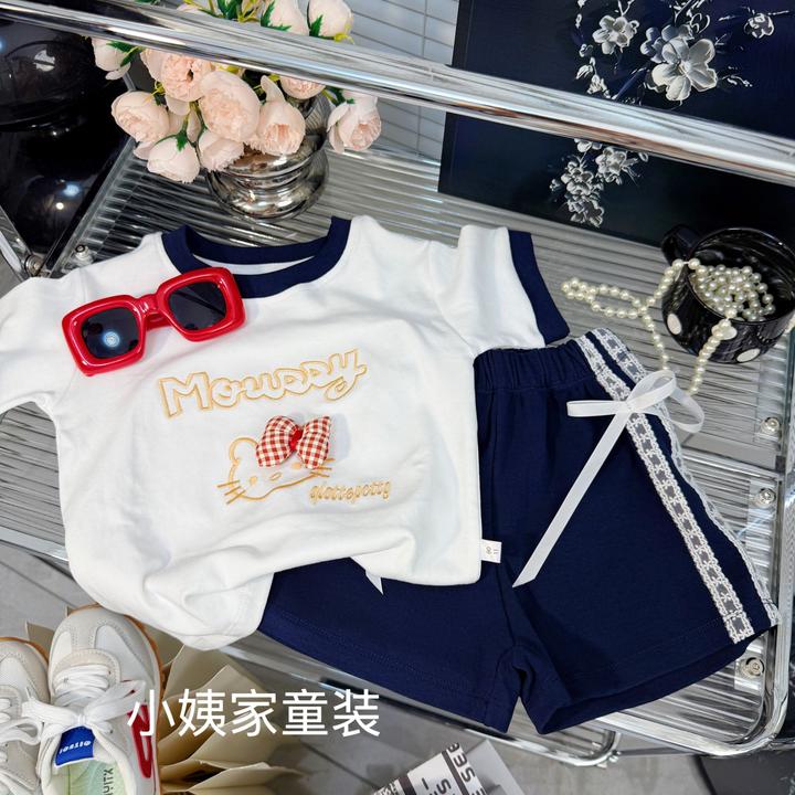 夏季新款女童儿童时尚洋气刺绣花边短袖短裤套装