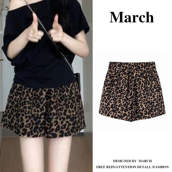 大码豹纹短裤女2025夏季新款百搭高腰显瘦A字美式洋气裤子-5340