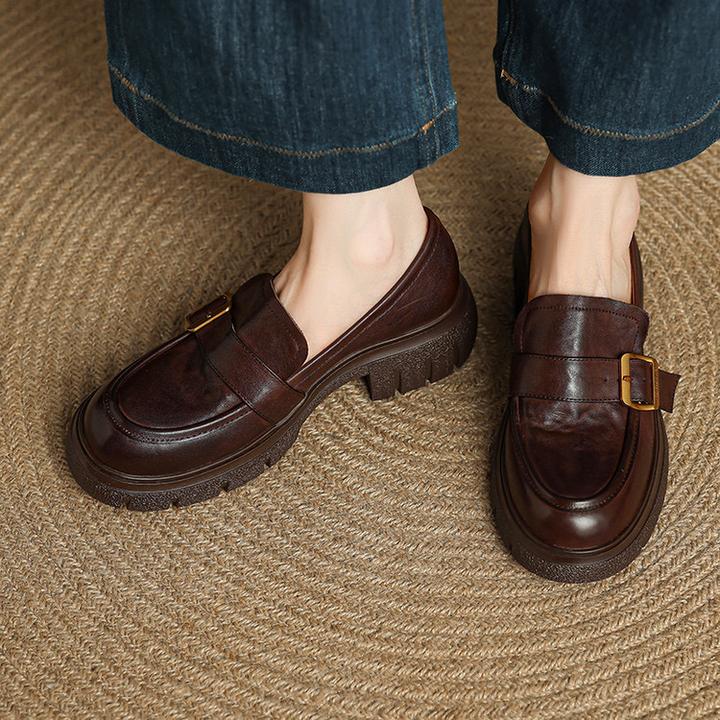 头层牛皮5cm～复古圆头中跟厚底乐福鞋粗跟一脚蹬深口舒适单鞋气质