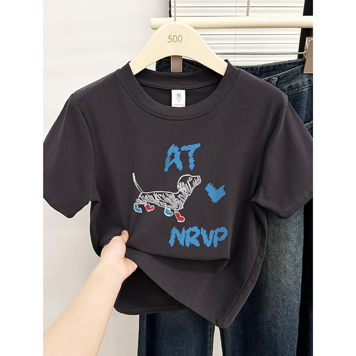 正肩深灰色短袖T恤女夏季新款时尚洋气腊肠狗印花圆领大码上衣服