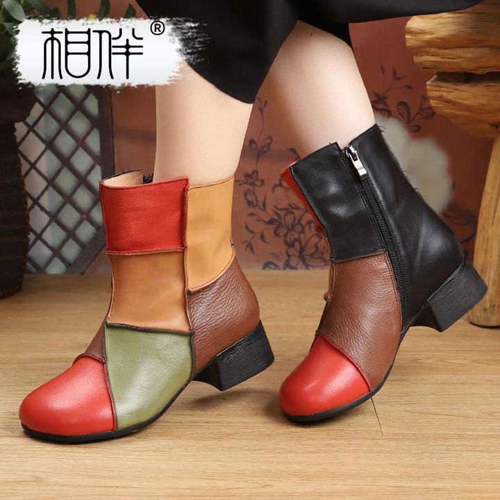 相伴相伴百搭秋冬踝靴国风中老年拼色粗跟百搭短靴53316