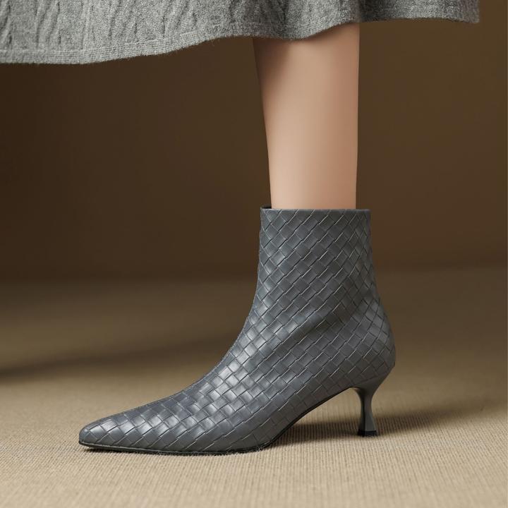 5.5CM尖头细跟高跟短靴女性感气质纯手工手工编织灰色瘦瘦靴百搭