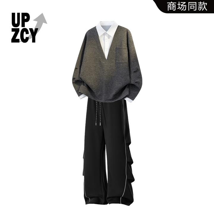 UPZCY美式街头潮流V领假两件卫衣套装2025秋冬新款时尚休闲两件套