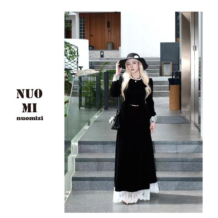 ZOZ糯米子[留洋归来半裙]法式丝绒加厚半身裙秋冬蕾丝花边裙子