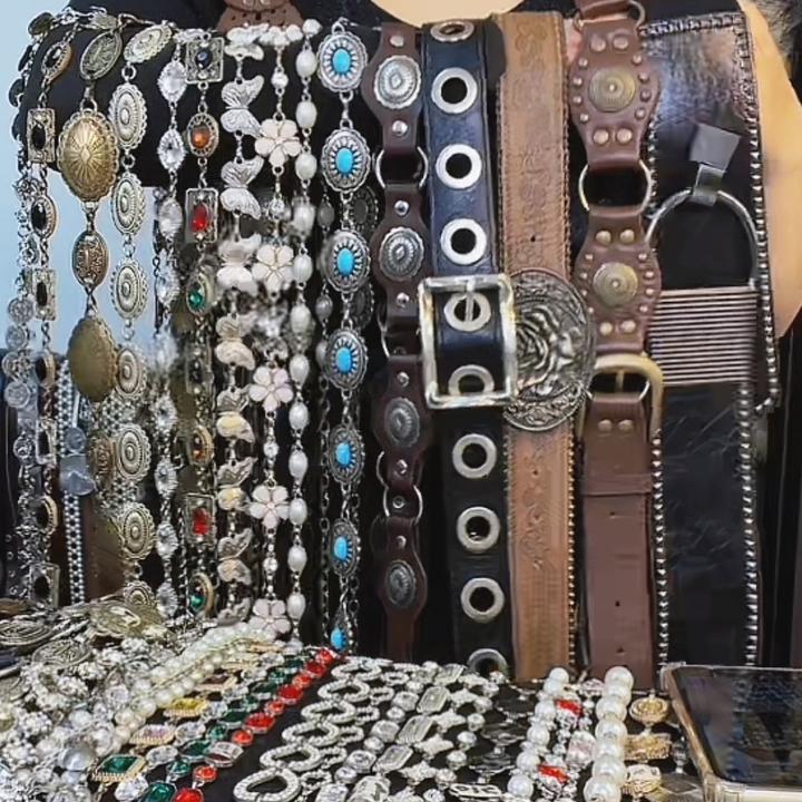 高档皮带腰链铆钉流苏女士时尚闪钻镶钻光面复古简约风百搭女腰带