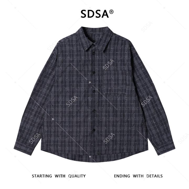 SDSA男士秋冬新款痞帅男装潮牌格纹磨破菱形格翻领长袖衬衫网红款