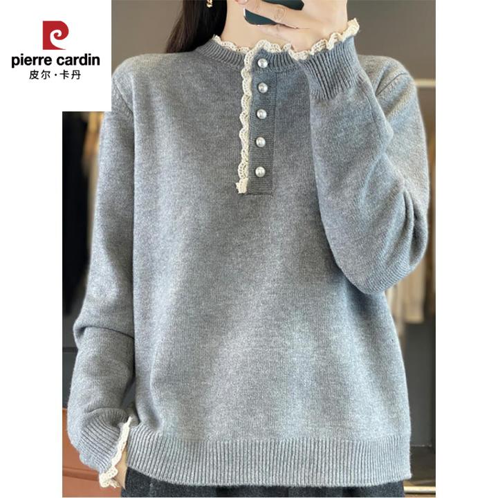 皮尔卡丹2025春秋半高领蕾丝花边拼接针织毛衣女宽松中领羊毛衫内