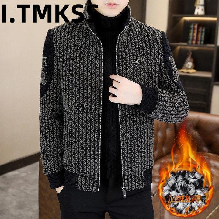 男毛呢大衣雪尼尔夹克呢子外套上衣韩版时尚轻奢保暖立领加绒加厚