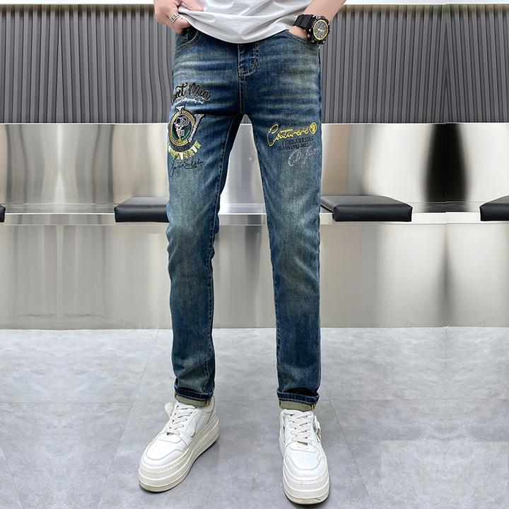 男士牛仔裤2025夏季新款潮流时尚帅气重工刺绣潮牌修身长裤男潮