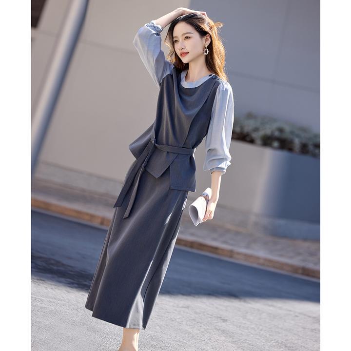 尚静拼接假两件套装裙2025秋季新款通勤开叉系带收腰上衣+半身裙