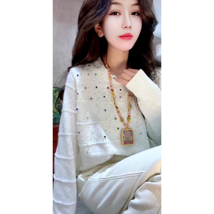 彩色钻重工轻奢圆领毛衣欧货时尚2025年冬季新款针织衫