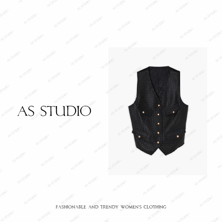 【AS编织皮】25新高级感V领编织极简排扣真皮马甲AS25QM00298