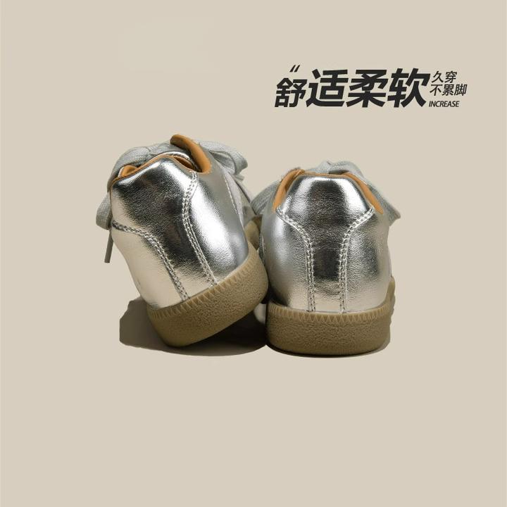 牛皮版~银色内增高德训鞋女2025春新款厚底运动休闲鞋板鞋阿甘鞋