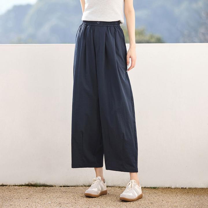 茵曼夏季纯色阔腿裤女25年休闲百搭压褶阔宽松遮肉显瘦九分休闲裤