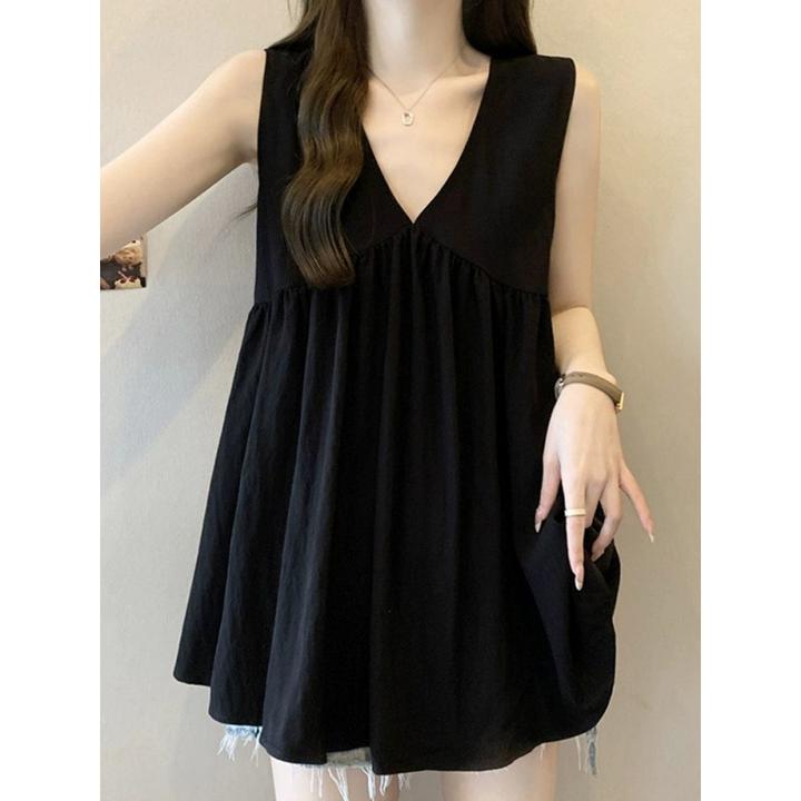 加大码300斤胖mm女装遮肚子荷叶边背心夏季宽松显瘦v领无袖打底衫