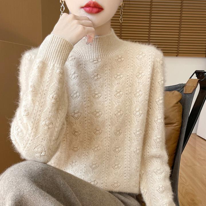 专柜正品高端100%纯羊绒衫女半高领加厚镂空钩花针织衫毛衣打底衫