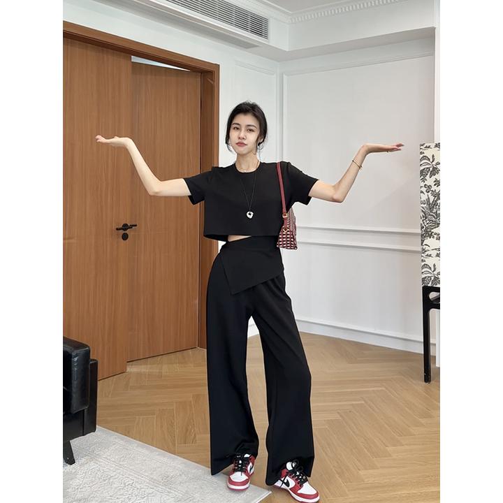 张阿星【轻氧主义】韩系腰封假两件可调露肤上衣+通勤休闲直筒裤