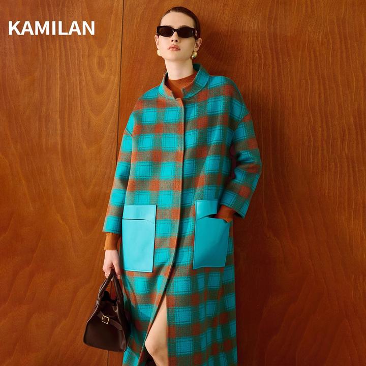 卡米兰千鸟格羊毛大衣女2024秋冬新款宽松长款双面呢子大衣外套