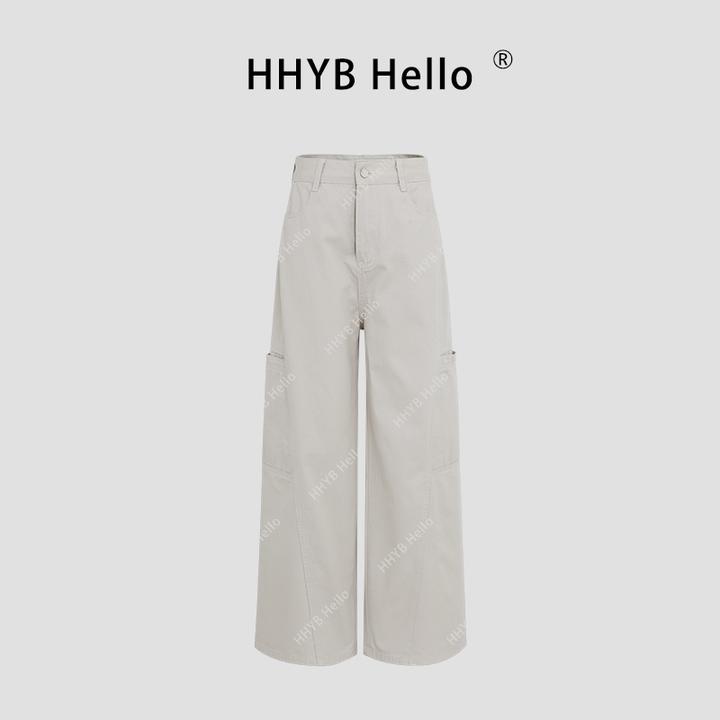 HHYB Hello2025夏新款百搭休闲阔腿裤结果拼接口袋裤女Q254101