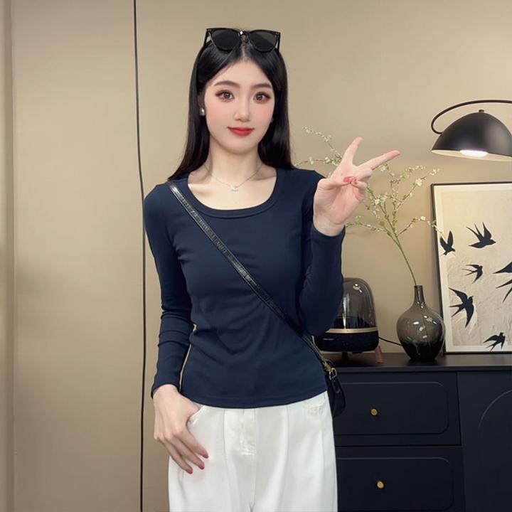 百搭方领纯色长袖打底衫女T恤秋冬新款修身显瘦小众高弹力上衣服