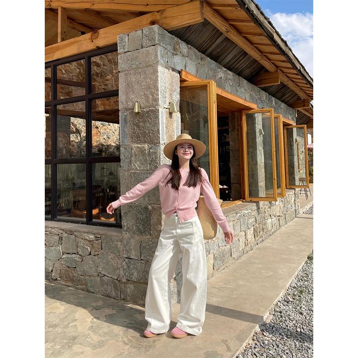 休闲风穿搭针织开衫上衣女2025春季新款直筒宽松垂感拖地长裤套装