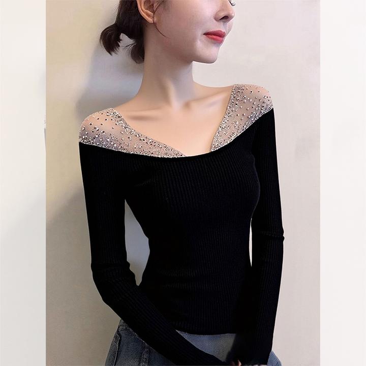 别致独特漂亮黑色烫钻小衫内搭v领针织打底衫女秋冬洋气高贵上衣