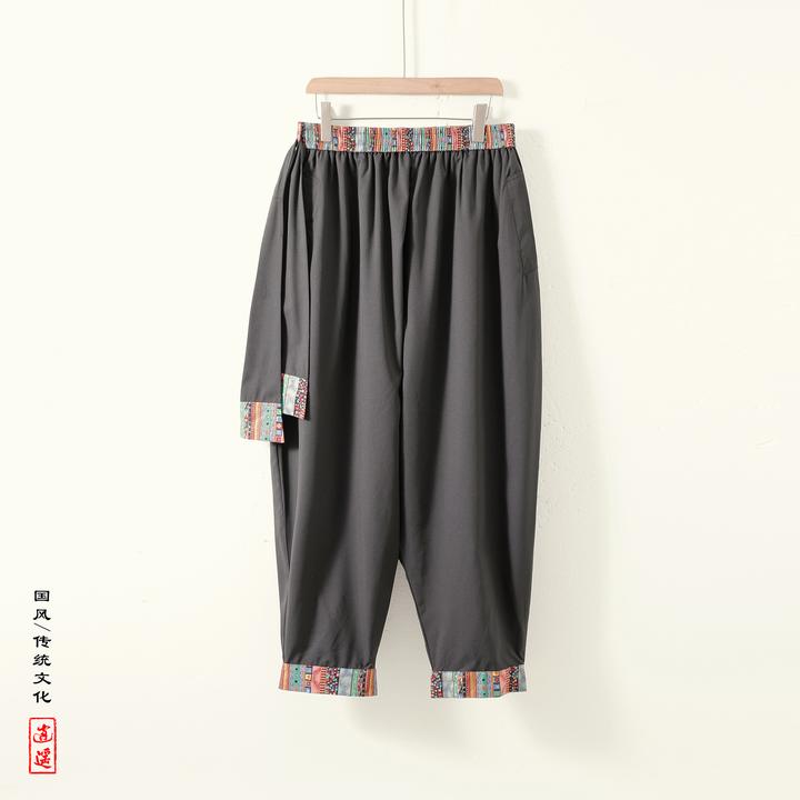 小众设计感腰带男裤子夏季薄款冰丝九分裤新中式民族风印花哈伦裤