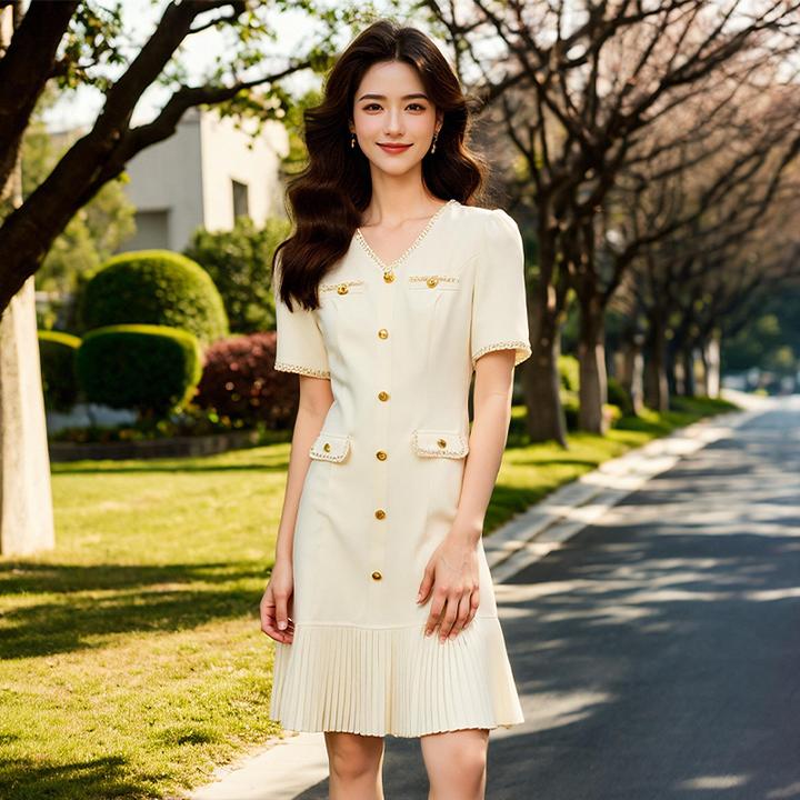 奢姿大码女装2025夏季胖妹妹V领轻奢优雅连衣裙单排扣气质裙子