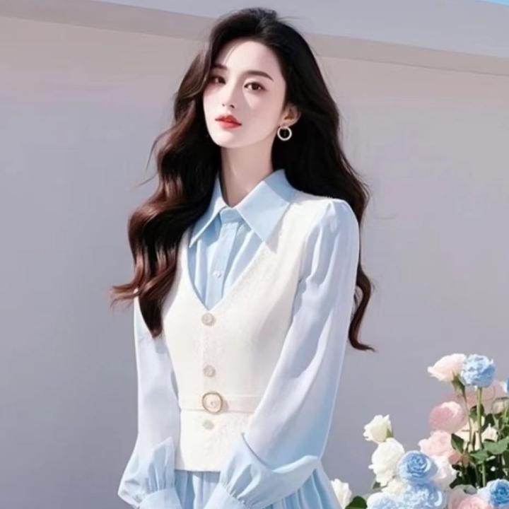 SS928早春穿搭一整套漂亮女装小香风浅蓝色连衣裙搭配马甲套装