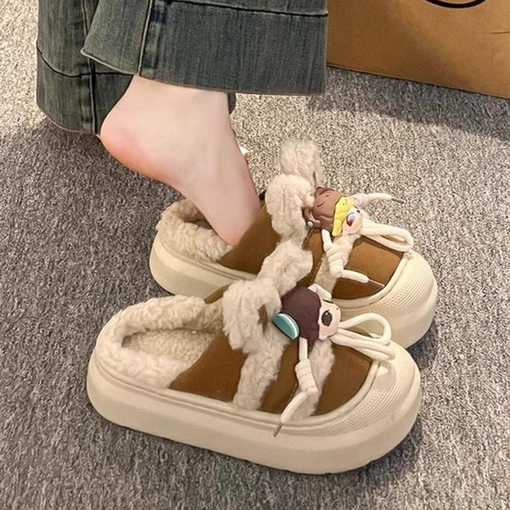 可爱泡泡玛特毛毛鞋女外穿2024秋冬季新款舒适休闲厚底包头棉拖鞋