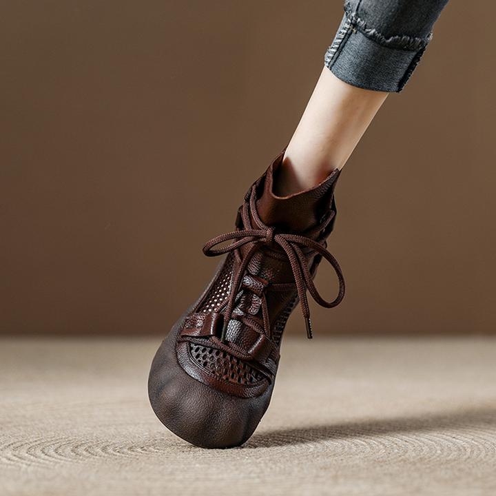 复古真皮镂空绑带凉鞋女高帮罗马鞋2025新款女鞋夏季网纱凉靴透气