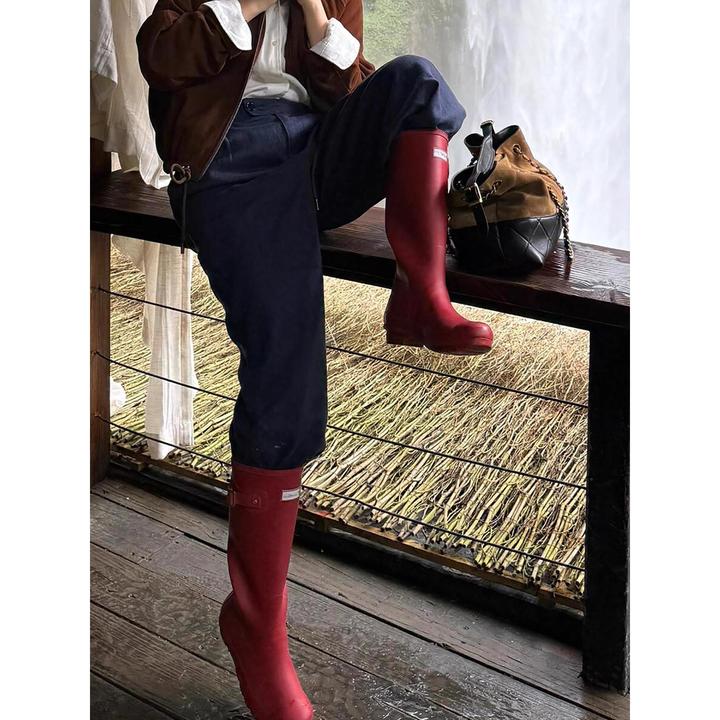 2025虞书欣同款雨靴女覆古风皮带扣户外防滑防水百搭高筒骑士靴