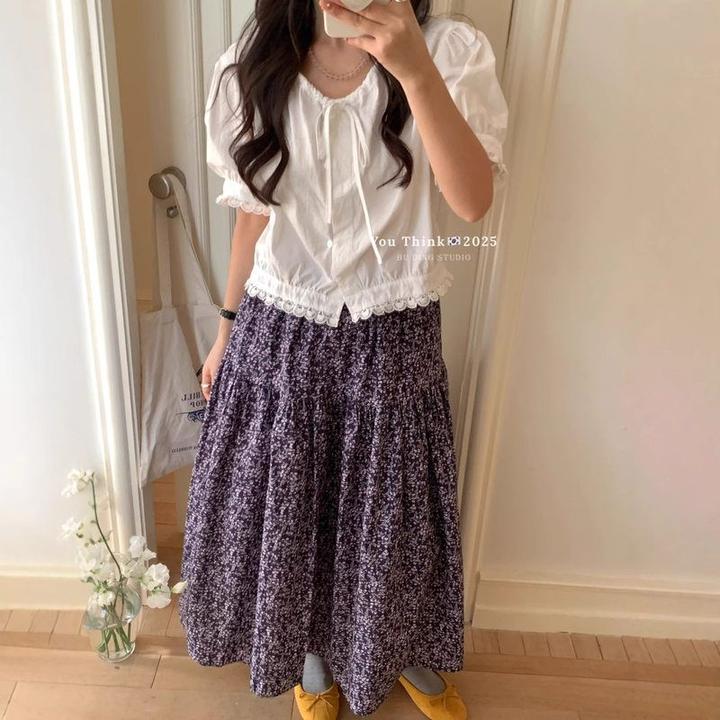 2025新款十三行ins女系带小众蕾丝拼接泡泡袖百搭女夏季高腰a字