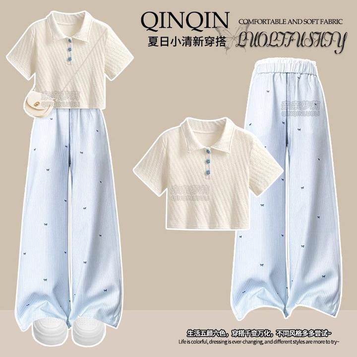 女童夏季阔腿裤套装2025新款Polo短袖T恤青少年休闲裤学院两件套