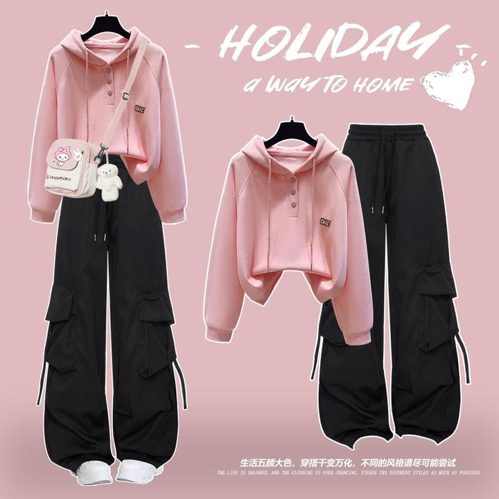 连帽卫衣女童套装2025春秋休闲慵懒风大童运动时尚粉色工装裤少女