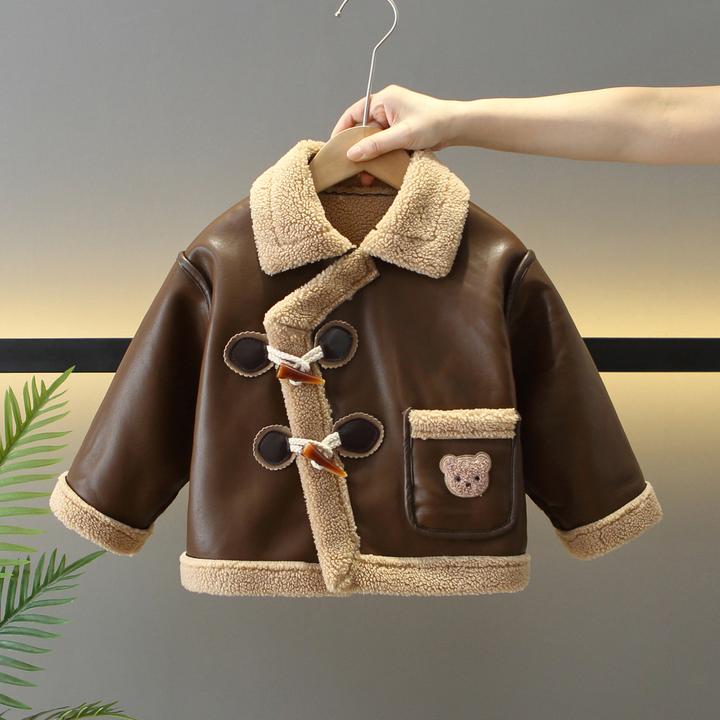 男童冬季外套儿童衣服潮酷痞帅童装宝宝皮草一体夹克加绒女童皮衣