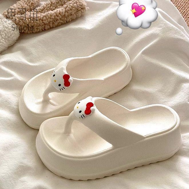 可爱HelloKitty猫平底新款外穿女士防滑厚底松糕坡跟人字拖适合海