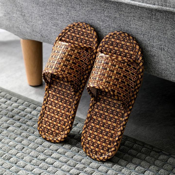 新款藤草编织亚麻拖鞋夏天女家用室内防滑情侣竹席凉拖男居家TZ