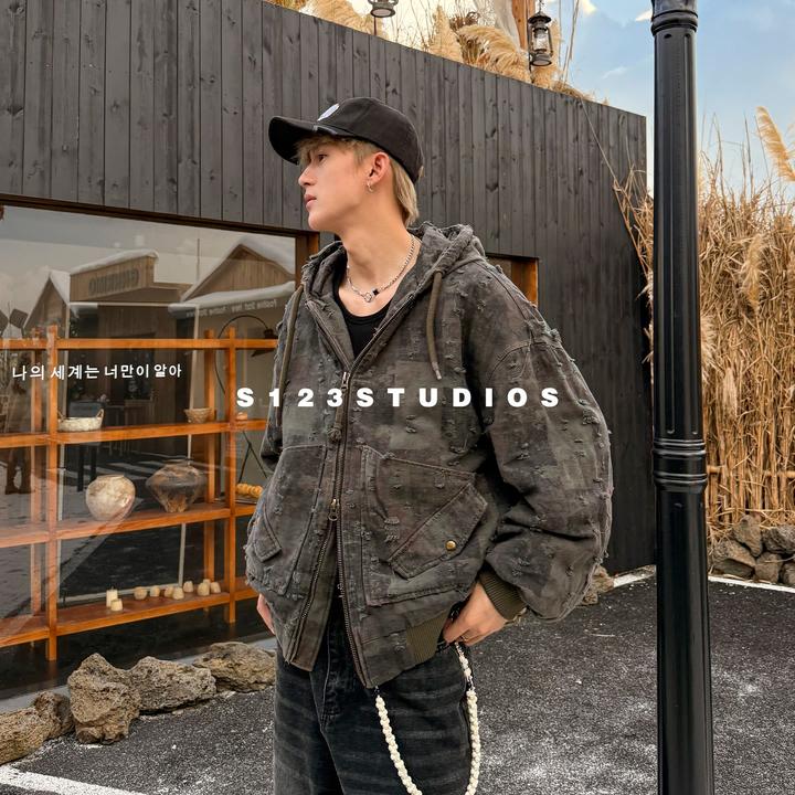 聪明陈90白鸭绒 废土风做旧破洞连帽羽绒服冬季宽松保暖外套男女